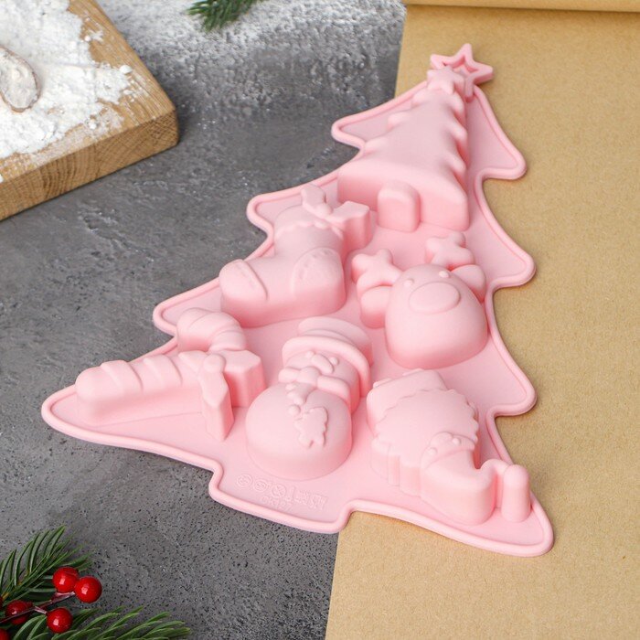 Доляна Форма силиконовая для выпечки Доляна «Новогоднее настроение», 23×19×2,5 см, 6 ячеек, цвет розовый