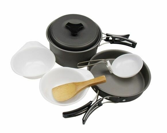 Набор посуды анодированный алюминий: котелок, сковорода, пиала, лопатка, половник, губка