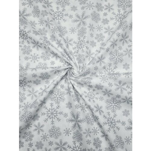 Ткань Поплин Снежинки серые на белом 100*150см