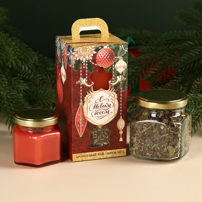 Фабрика счастья Подарочный набор «Новый год: Ярких моментов»: травяной чай 25 г, крем-мёд с малиной 120 г.