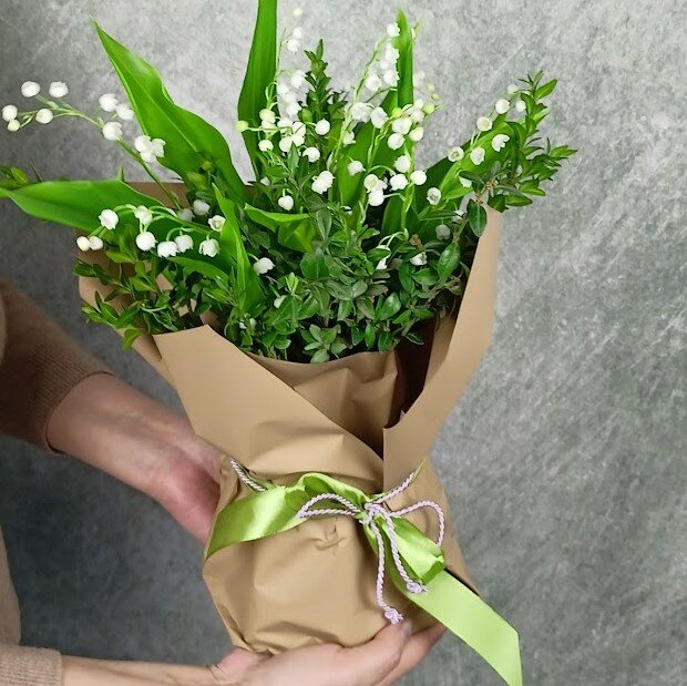 11 живых голландских ландышей в вазочке оформленные крафт бумагой ( ландыши ароматные!)