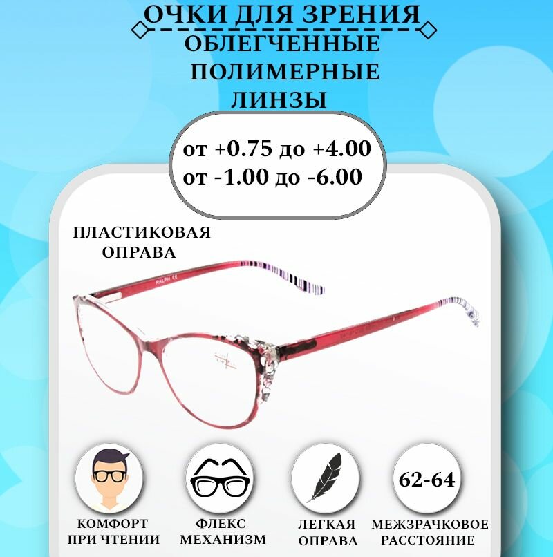 Готовые очки для зрения с диоптриями +4.00 RALPH Coral , корригирующие для чтения пластиковые