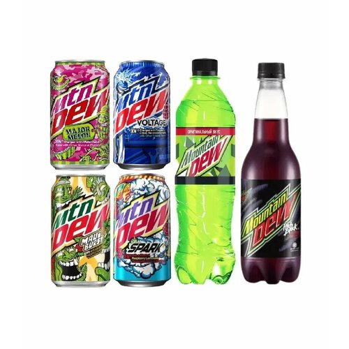 Набор из 6 напитков Mountain Dew (Code Red, Frost Bite, Spark, Maui Burst, Pitch Black 400 мл, Dew 0.5 мл) 4 шт по 355 мл