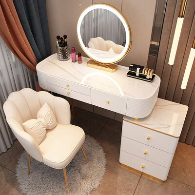 Туалетный столик со столешницей под мрамор, зеркалом и стулом (100 см белый столик + тумба + умное зеркало + кресло)
