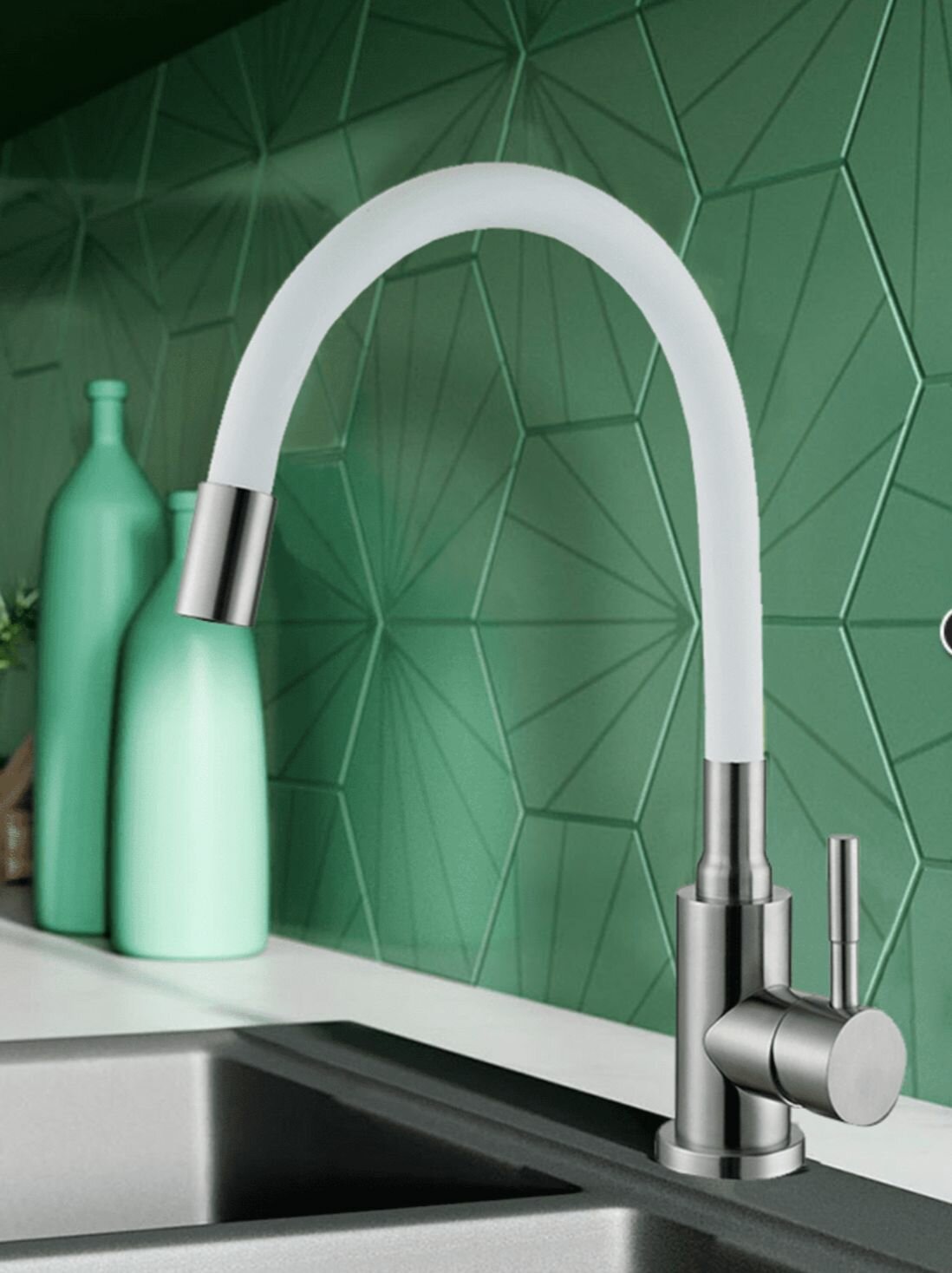GEBERT GB14101.8 LOFT RELEX cмеситель для кухни, высокий гибкий излив, нерж. сталь/белый — фото 1