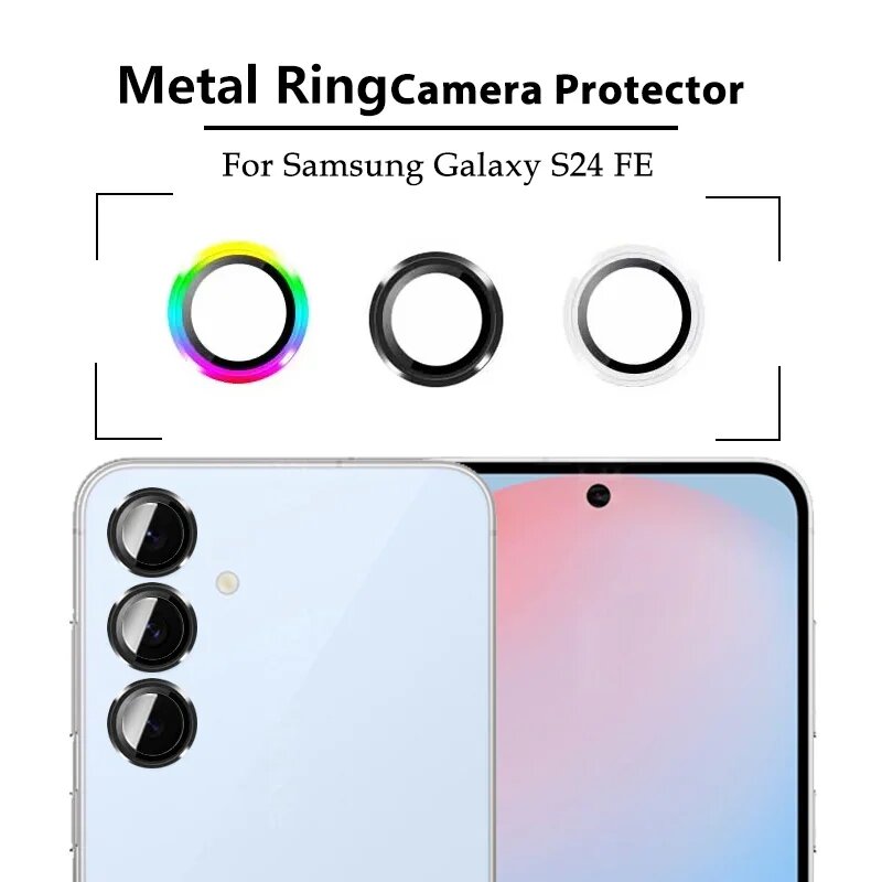 SamsungS24FE Защитная пленка для экрана камеры с металлическим кольцом для Samsung Galaxy S24 FE S24FE 5G, закаленное стекло HD, защита объектива, дисплей, Black-01, SamsungGalaxyS24FE — фото 1