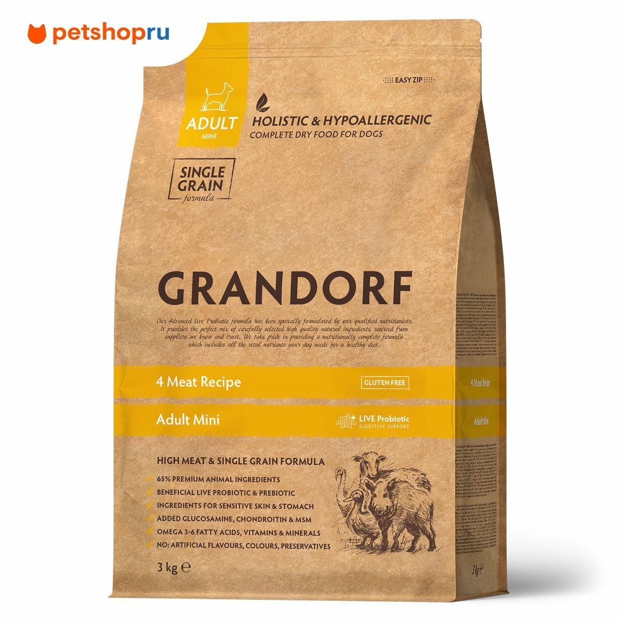 Корм Grandorf четыре вида мяса для взрослых собак мелких пород, 3 кг