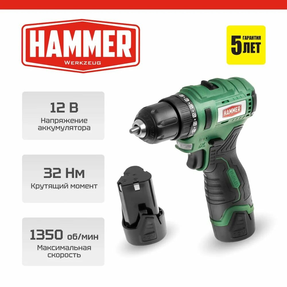 Шуруповерт аккумуляторный HAMMER ACD12BLC, в кейсе, 2 акк. Li-ion, 18В, 32 Нм,