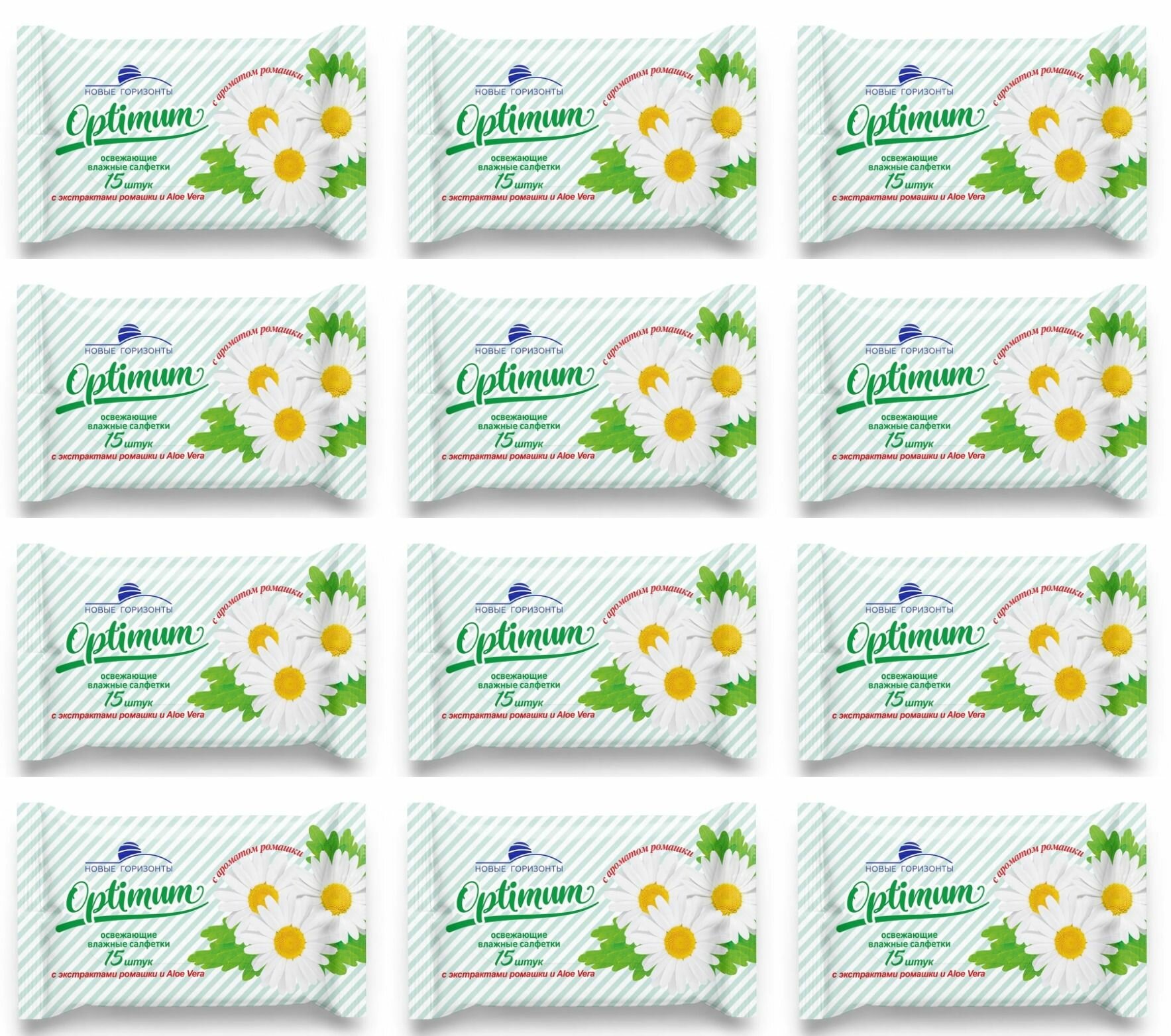 Новые горизонты Влажные освежающие салфетки Optimum, с ароматом ромашки, 15 штук, 12 уп