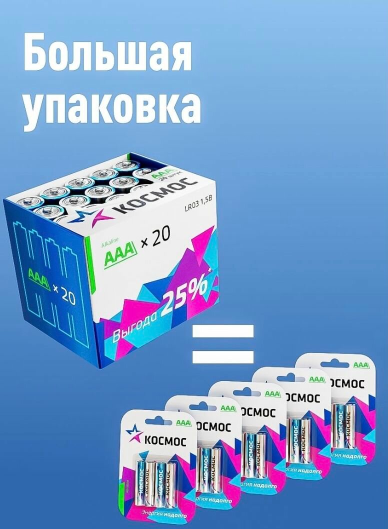 Космос Батарейка AAA мизинчиковые алкалиновые LR03 1.5v (20 штук в упаковке)
