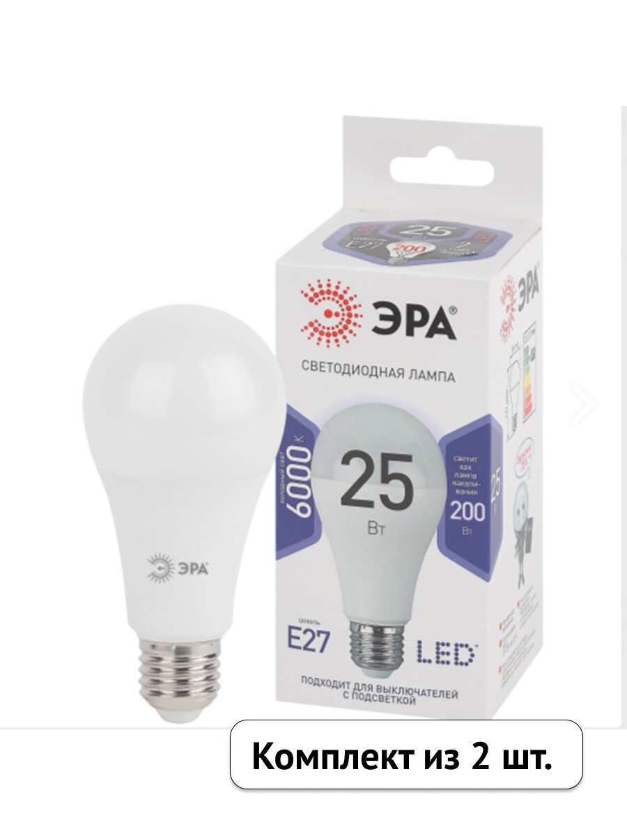 Лампочка светодиодная ЭРА 25Вт 2000Лм 6000К Е27 холодный дневной свет груша (комплект из 2 шт.)