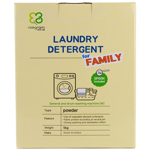 Ecogram Laundry Detergent Family Высококонцентрированный экологичный стиральный порошок универсальный с энзимами и активным кислородом 1 кг на 30 стирок