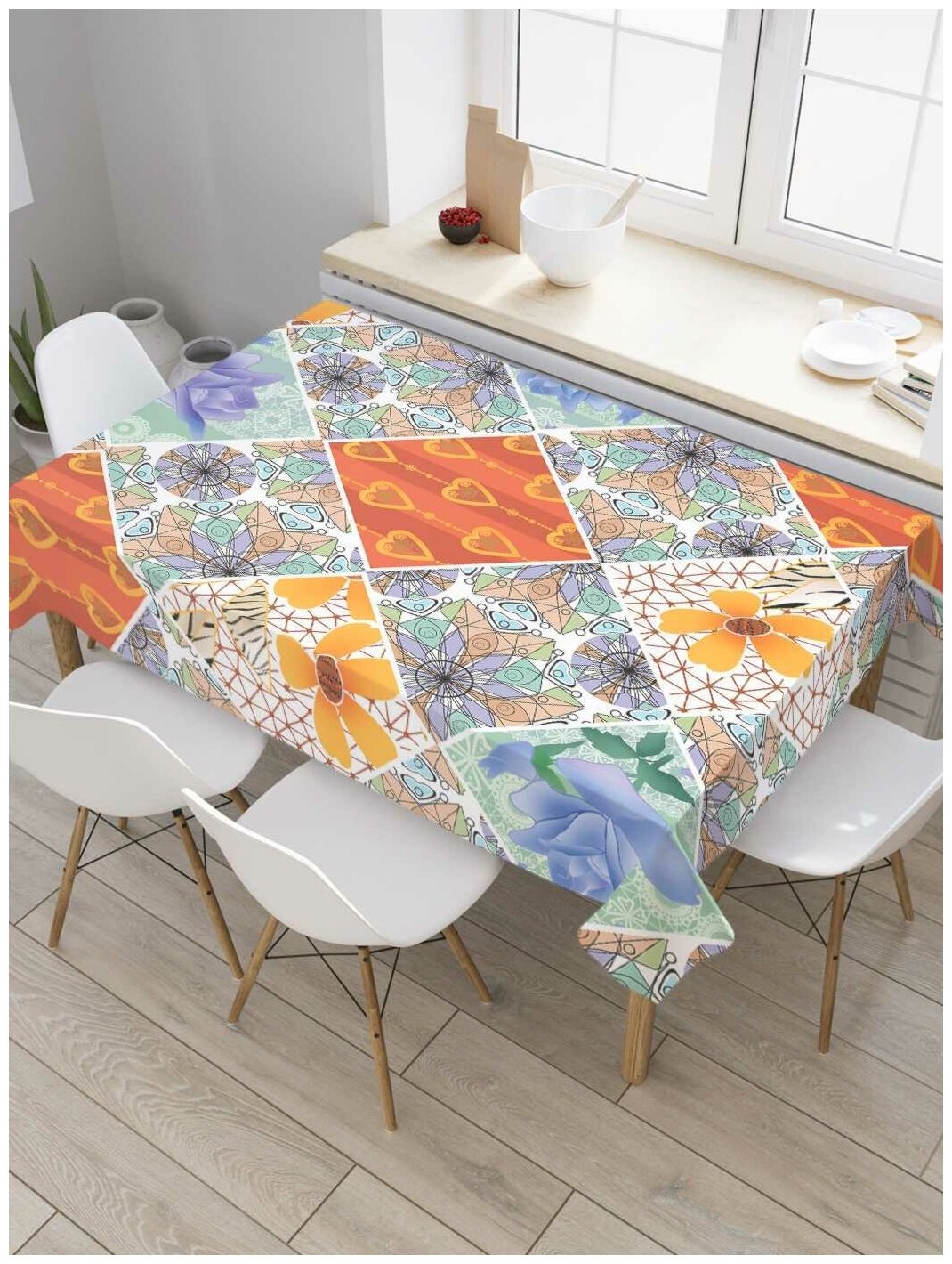 Скатерть прямоугольная JoyArty на кухонный стол "Плитка с цветочными узорами" из оксфорда, 120x145 см