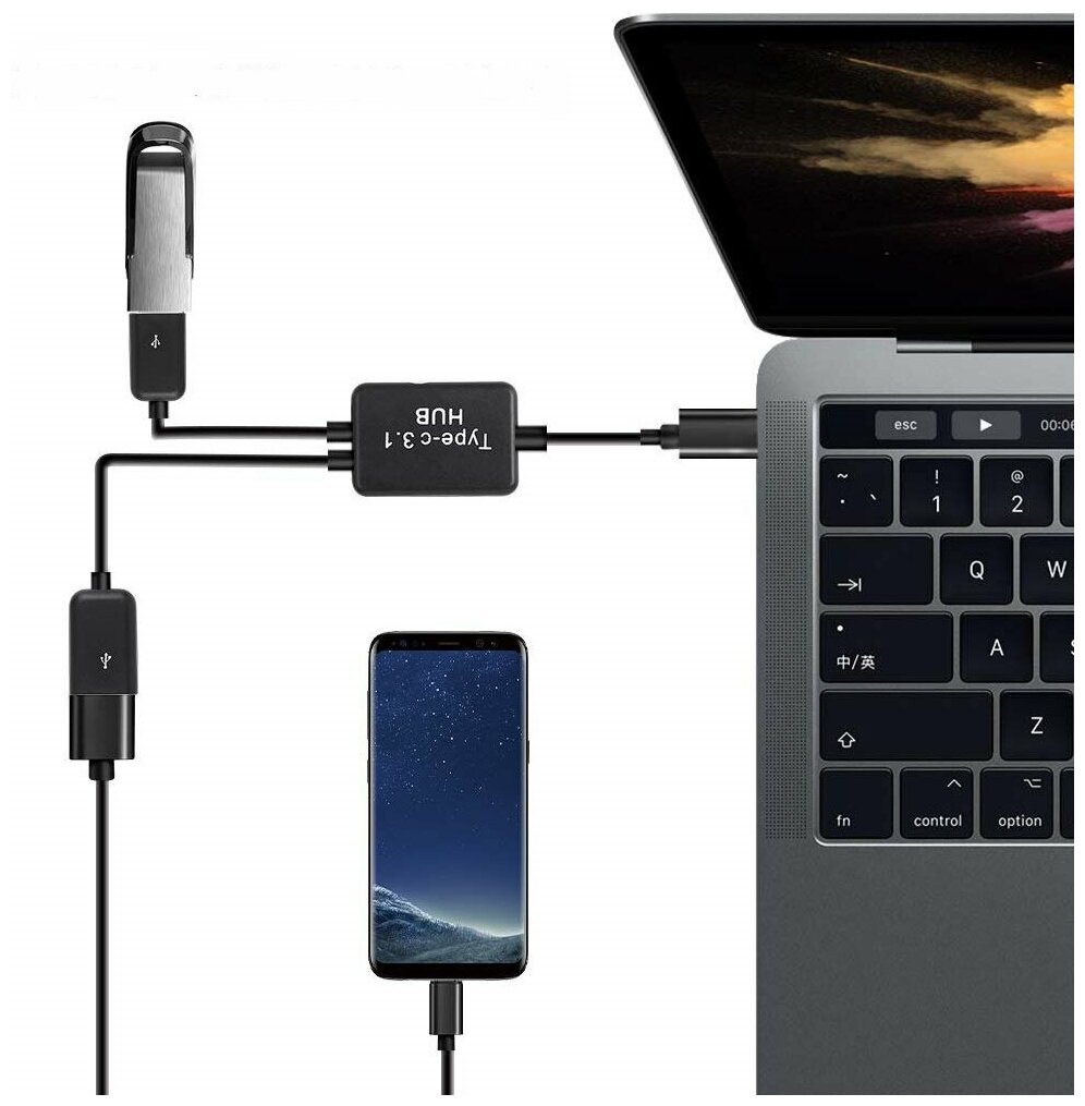 Адаптер USB хаб разветвитель OTG USB-C 3 в 1 (2 USB-A, Micro-USB), KS-is