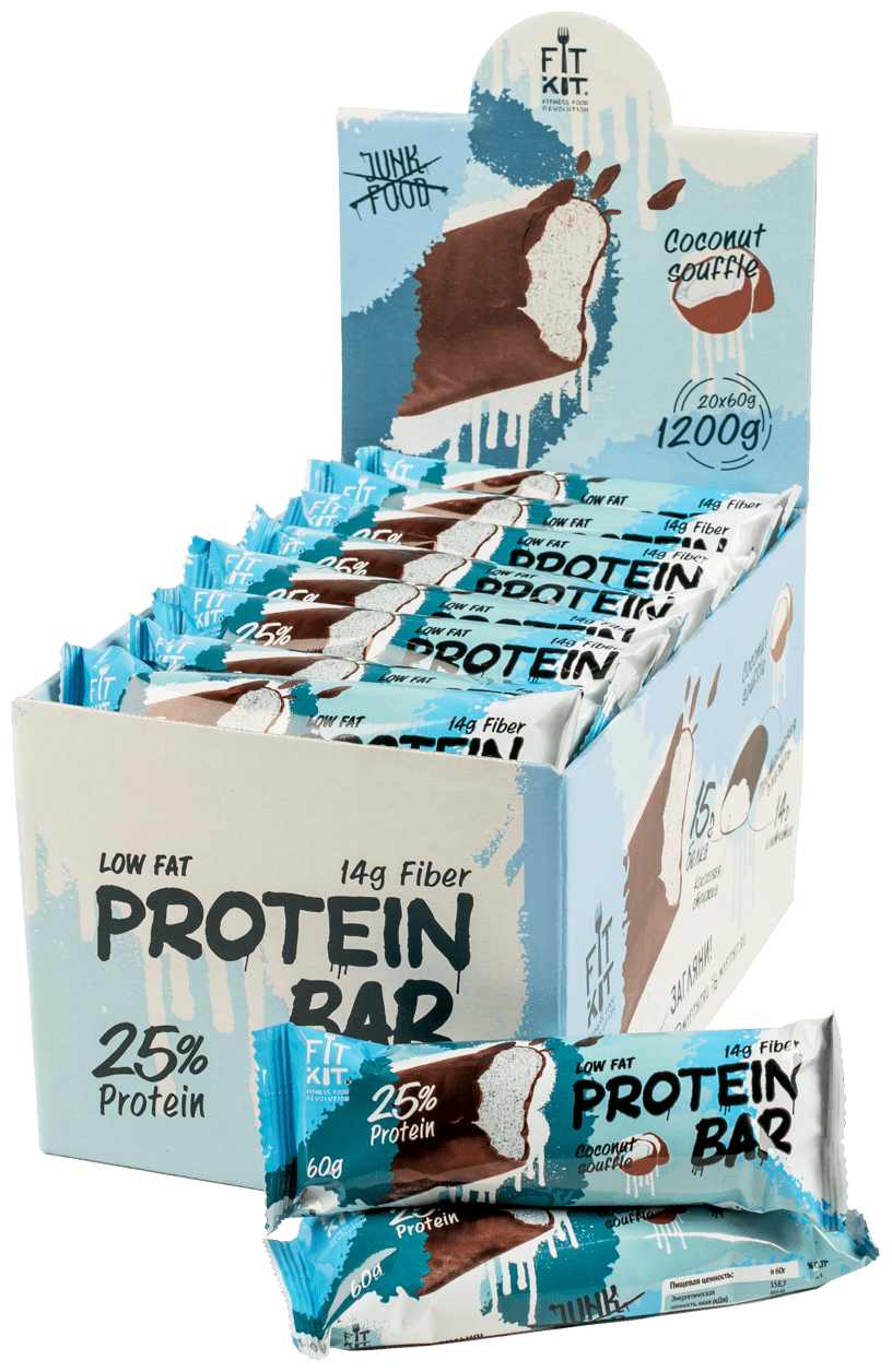 Fit Kit Протеиновый батончик без сахара Protein BAR, упаковка 20шт по 60г (Кокосовое суфле)