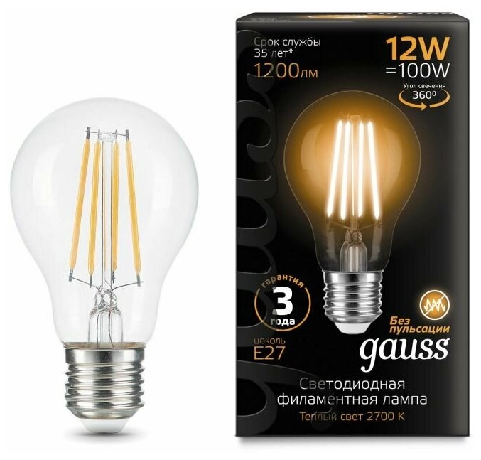 Лампа GAUSS Filament А60 12W 1200lm 2700К Е27 LED 1/10/40 102902112