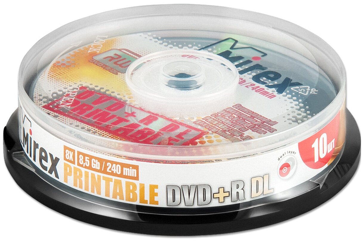 Диск DVD+R DL 8.5Gb Mirex 8x Double Layer Printable cake, упаковка 10 шт.