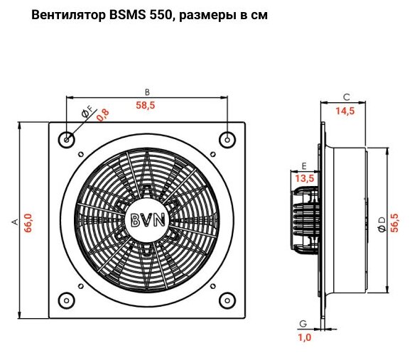 Промышленный осевой вентилятор BVN BSMS 550, с защитной решеткой, 6000 м3/час, 230 В, 220 Вт, крыльчатка из листовой стали, стальной корпус - фотография № 4