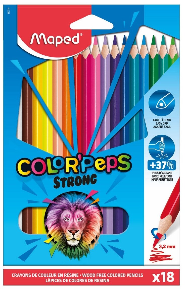 Карандаши цветные 18 цветов Maped Color'Peps Strong (d=3.2мм, повышенной прочности, пластик) в картонной коробке (862718)