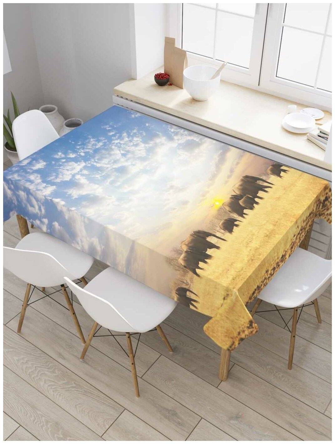 Скатерть прямоугольная JoyArty на кухонный стол "Слоновья прогулка" из оксфорда, 180x145 см
