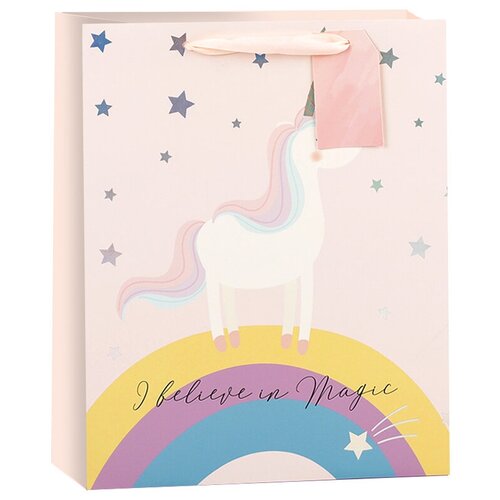 фото Пакет подарочный, верь в чудеса (единорог и радуга), нежно-розовый, металлик, 42*32*12 см, 1 шт. дон баллон
