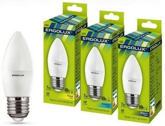 Эл.лампа светодиодная Свеча LED-С35-7W-E27-6K (7Вт=60Вт 550Lm E27 6500K 172-265В) Ergolux