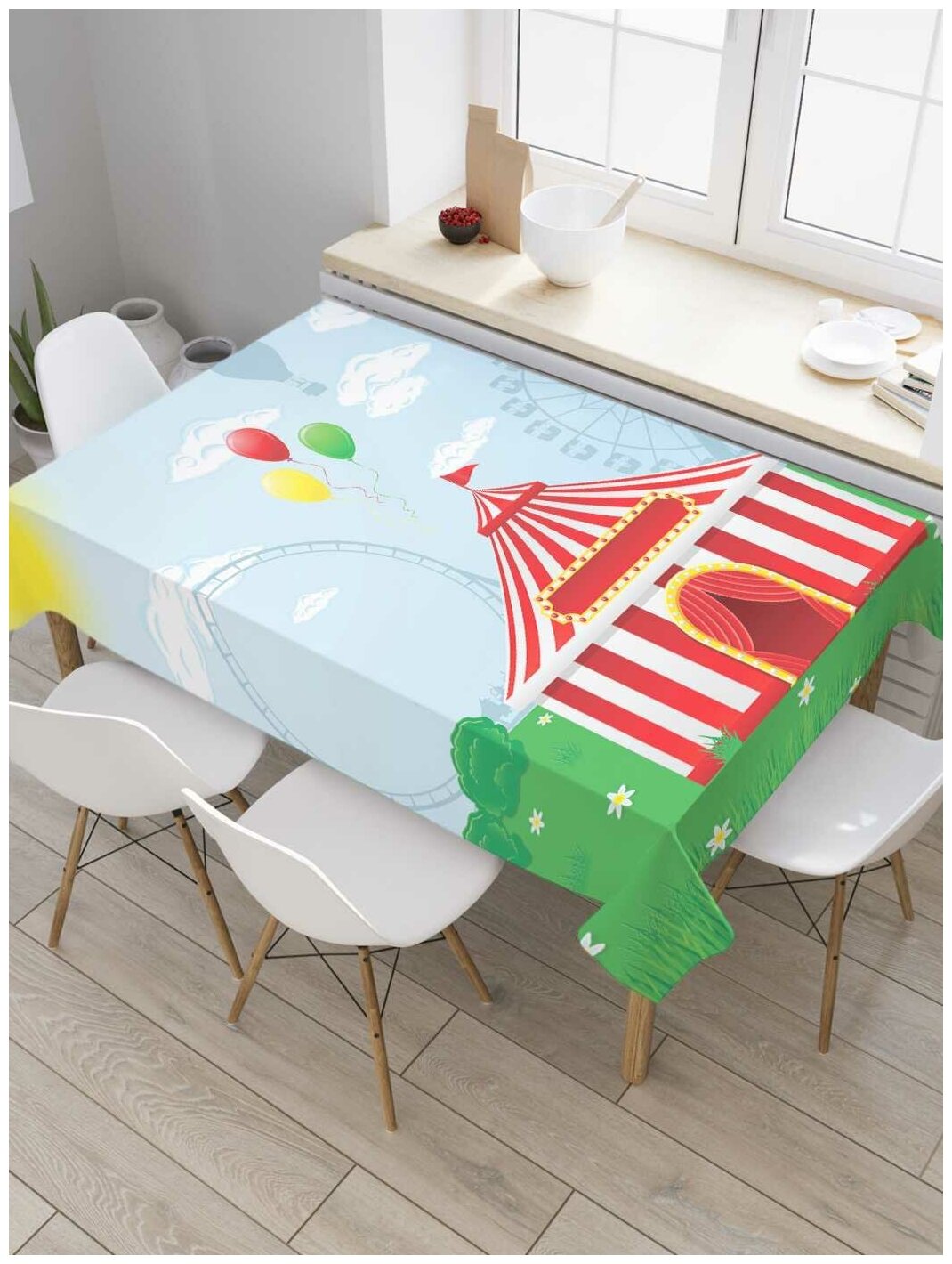 Скатерть прямоугольная JoyArty на кухонный стол "Городской цирк" из оксфорда, 120x145 см