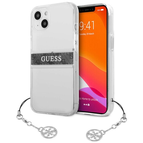 фото Чехол cg mobile guess pc/tpu 4g stripe hard + silver charm для iphone 13 mini, цвет прозрачный/серебристый шарм (guhcp13skb4ggr)