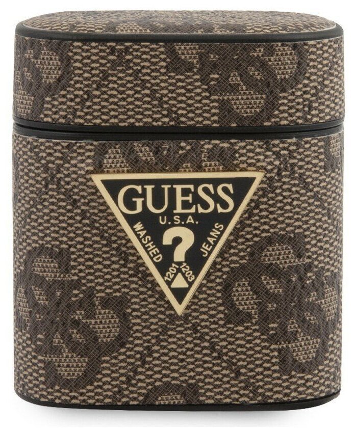 Чехол Guess 4G PU leather case with metal logo для Airpods 1/2, коричневый