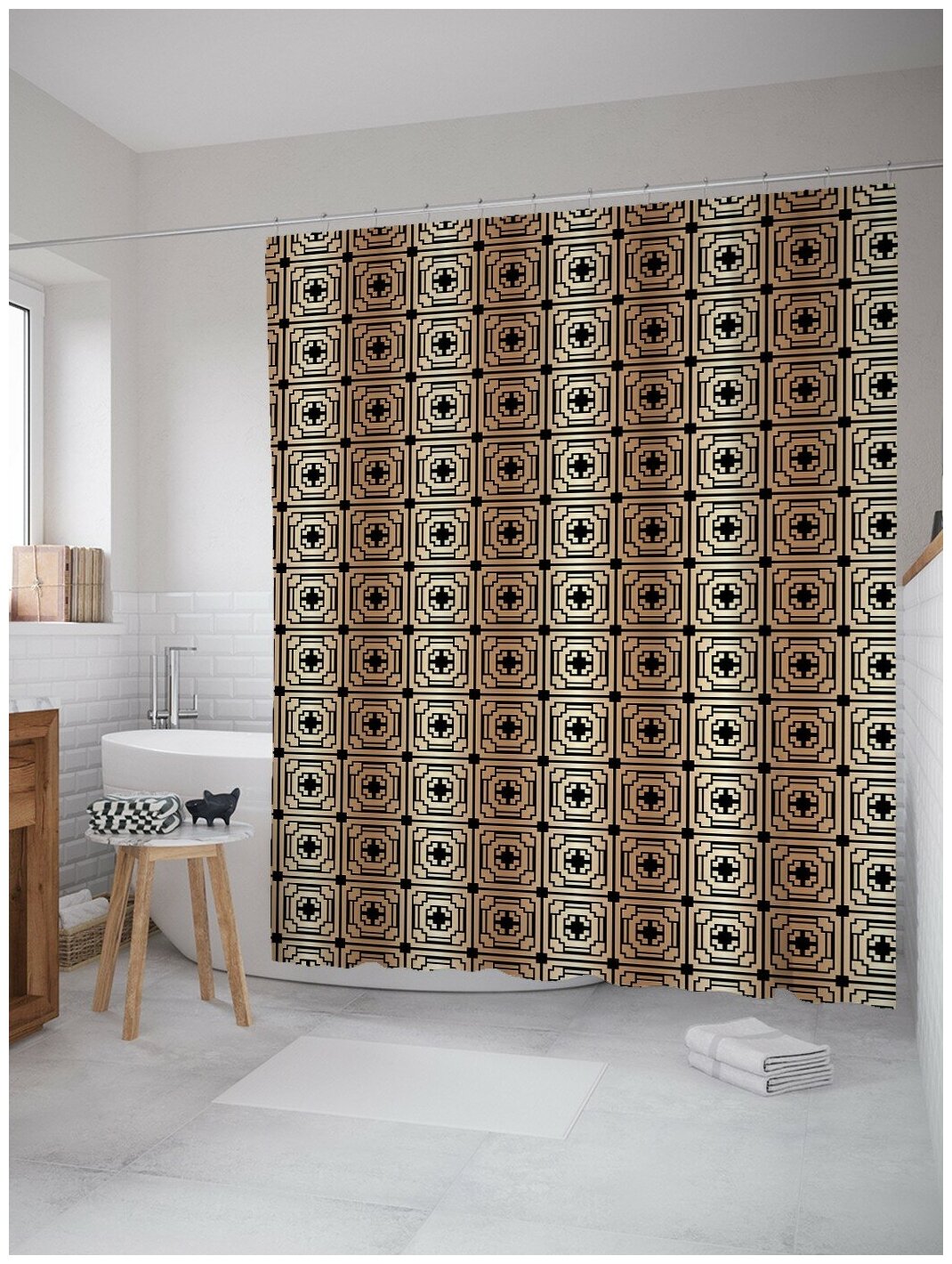 Штора водоотталкивающая для ванной, занавеска в ванную комнату тканевая JoyArty "Орнамент из квадратных и геометрических мотивов", 180х200 см