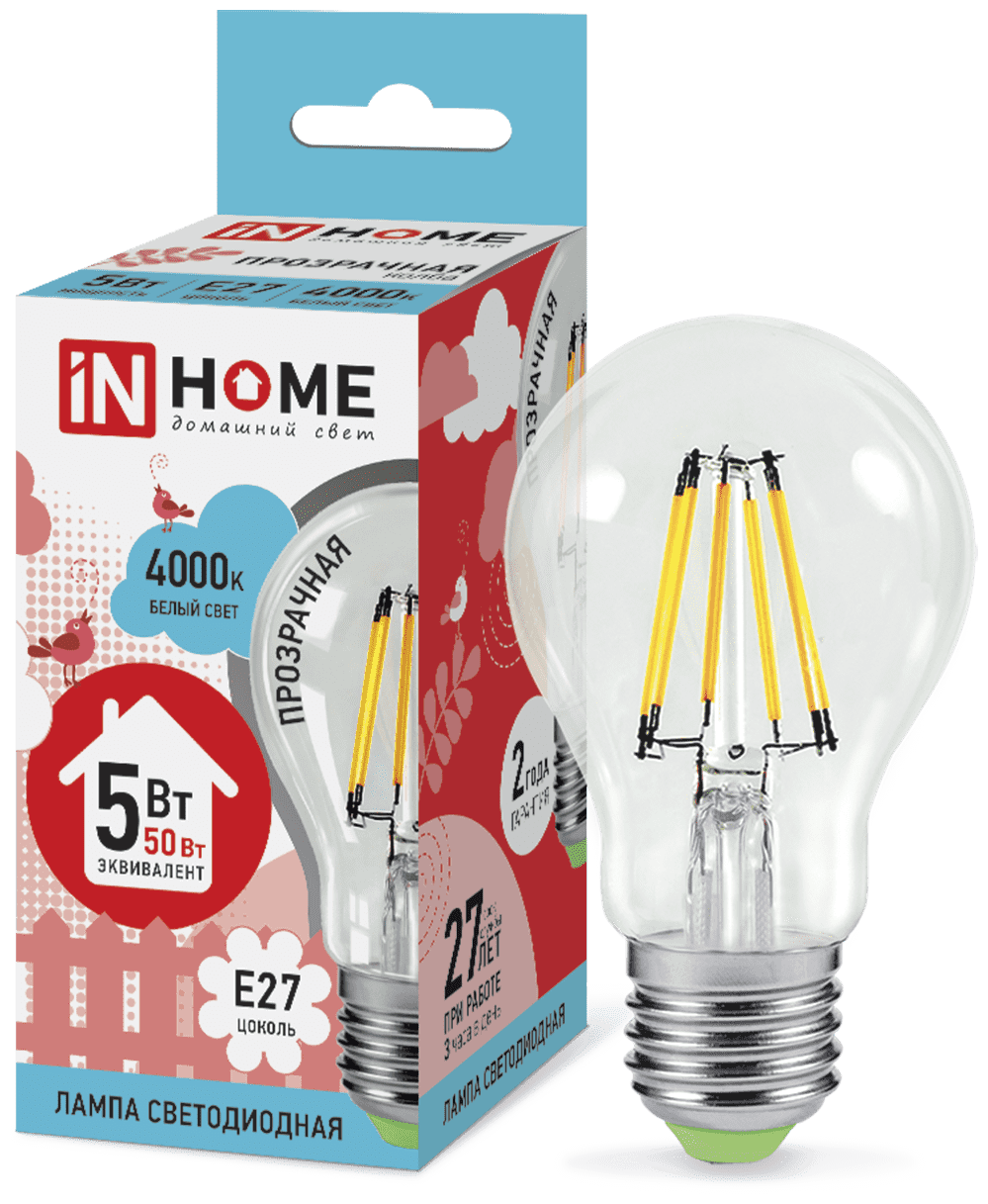 Светодиодные лампы E27 IN HOME Лампа светодиодная LED-A60-deco 5Вт 230В Е27 4000К 450Лм прозрачная IN HOME 4690612008035