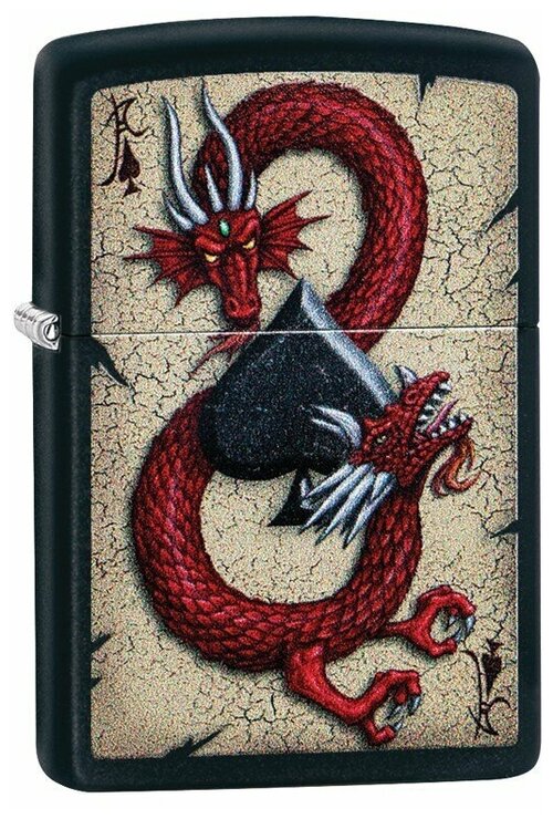 Оригинальная бензиновая зажигалка ZIPPO Classic 29840 Dragon Ace Design с покрытием Black Matte — Дракон и Туз Пик