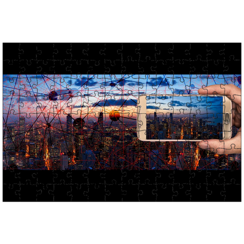 фото Магнитный пазл 27x18см."город, панорама, смартфон" на холодильник lotsprints