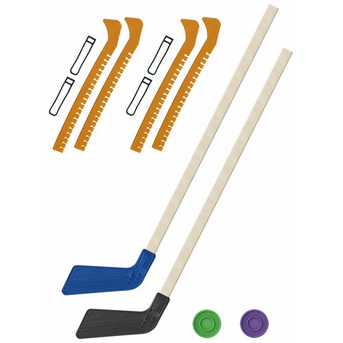 Детский хоккейный набор для игр на улице, для зимы, для лета Клюшка хоккейная детская 2 шт. синяя и чёрная 80 см+2 шайбы+Чехлы для коньков желтые 2 шт