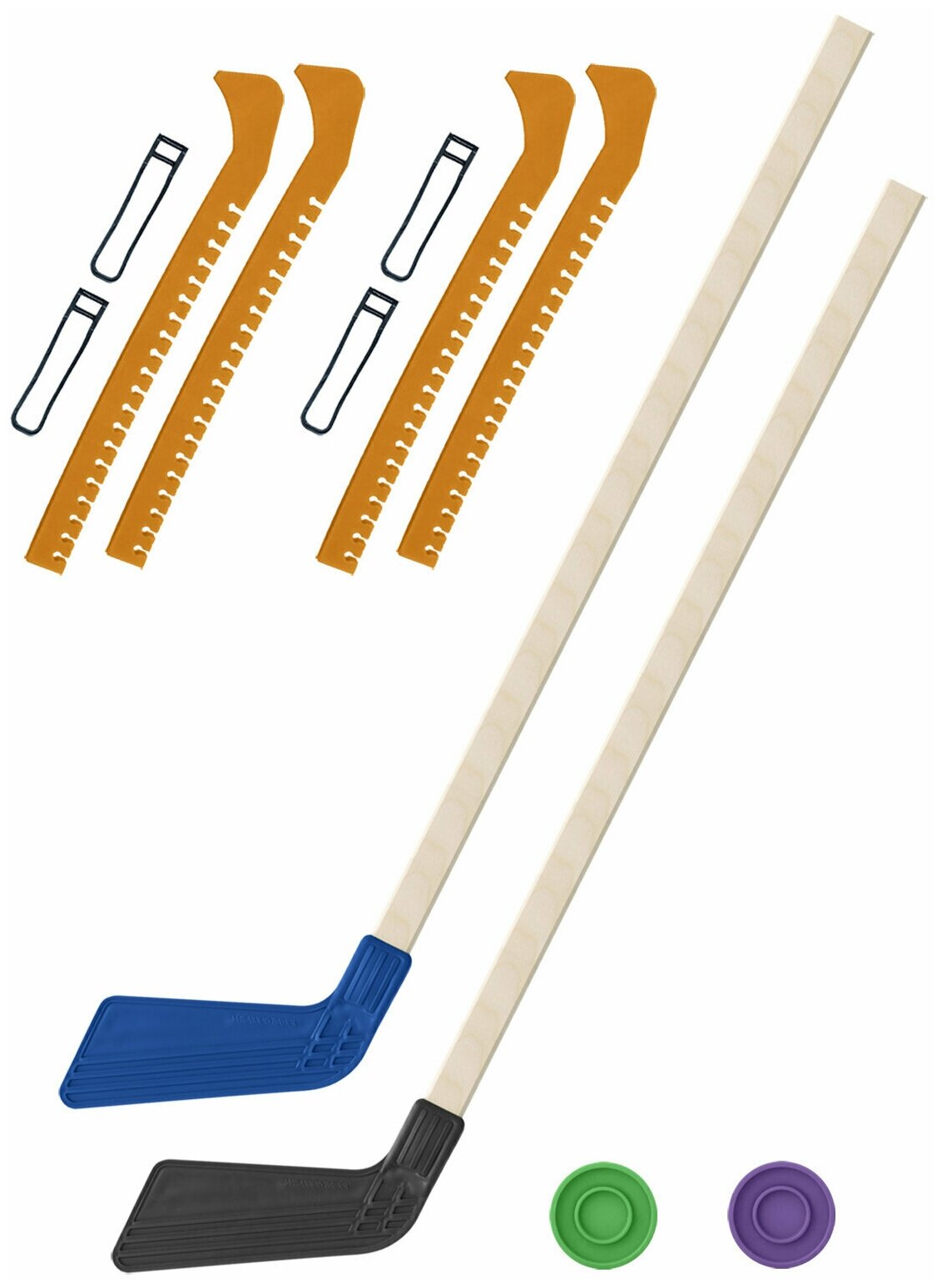 Детский хоккейный набор для игр на улице, для зимы, для лета Клюшка хоккейная детская 2 шт. синяя и чёрная 80 см+2 шайбы+Чехлы для коньков желтые 2 шт