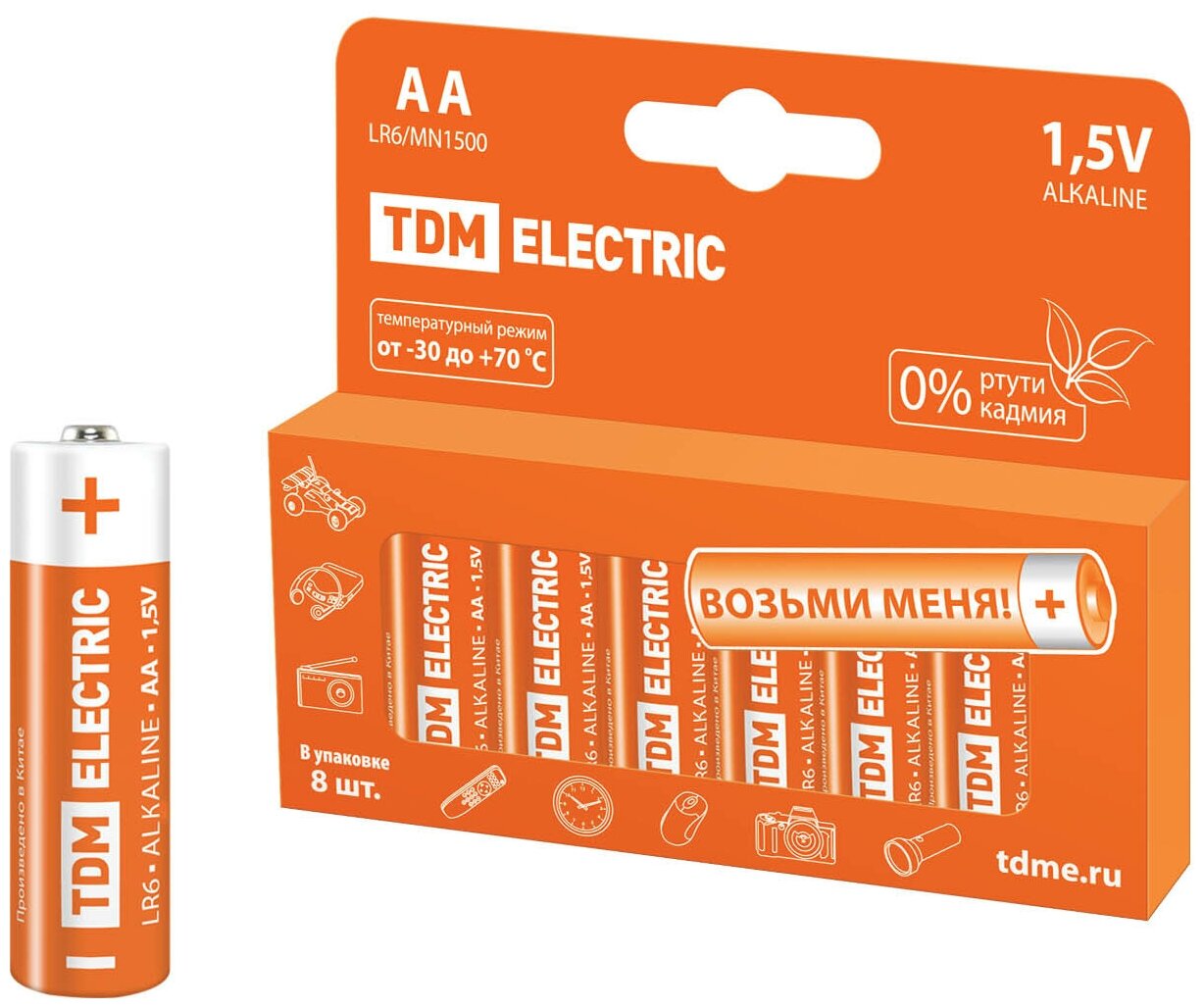 Батарейка TDM Electric, АА (LR06, LR6), Alkaline, алкалиновая, 1.5 В, коробка, 8 шт