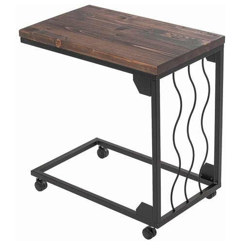 фото Журнальный консольный стол на колесиках ilwi черный/светло-коричневый из стали и дерева в стиле лофт высотой 60 см