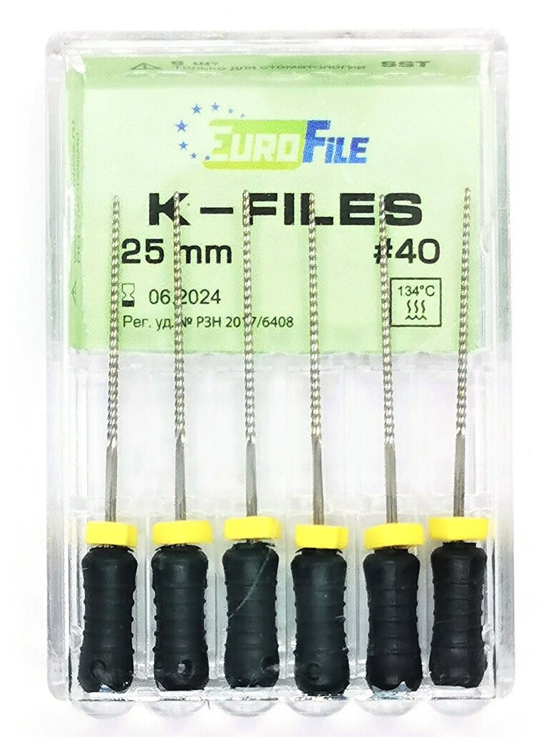 K-Files - ручные стальные файлы, 25 мм, N 40, 6 шт/упак