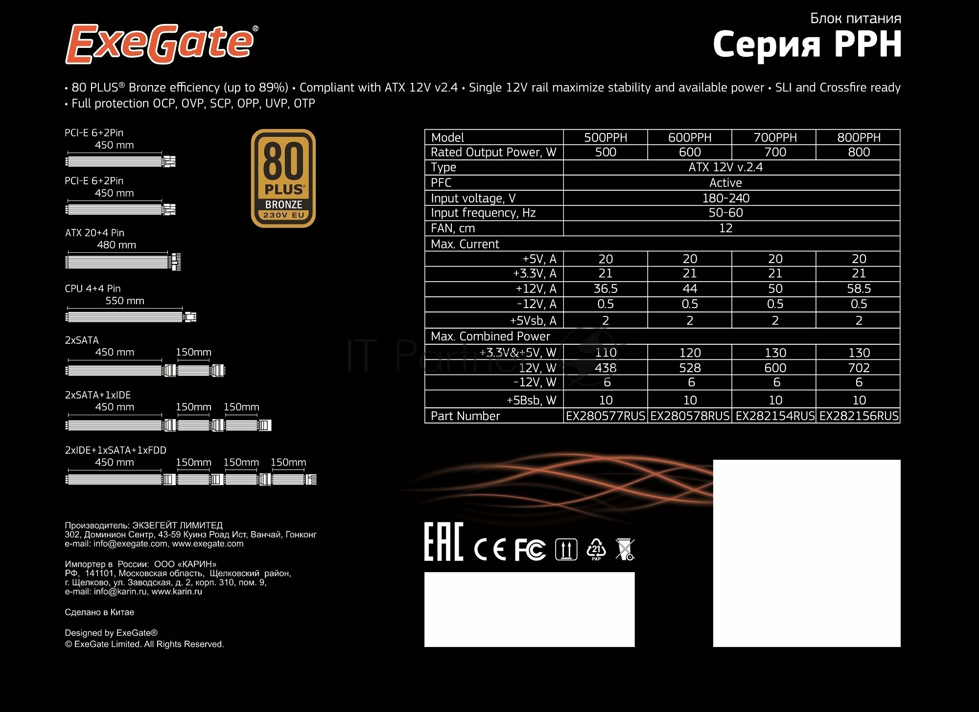 Блок питания ExeGate 600PPH 80 PLUS Bronze 600W