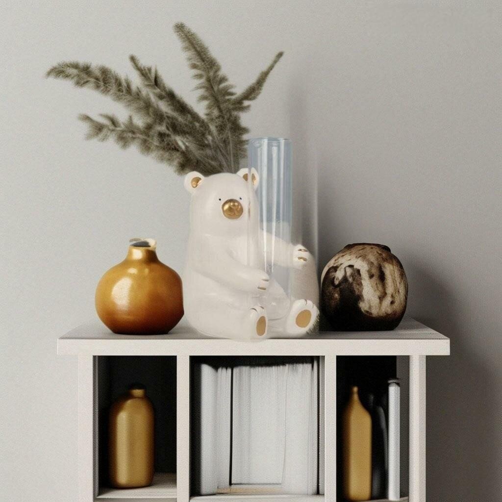 фото Ваза плешоп стеклянная колба с белым мишкой, керамическая, белая, 10х8,5х7 см