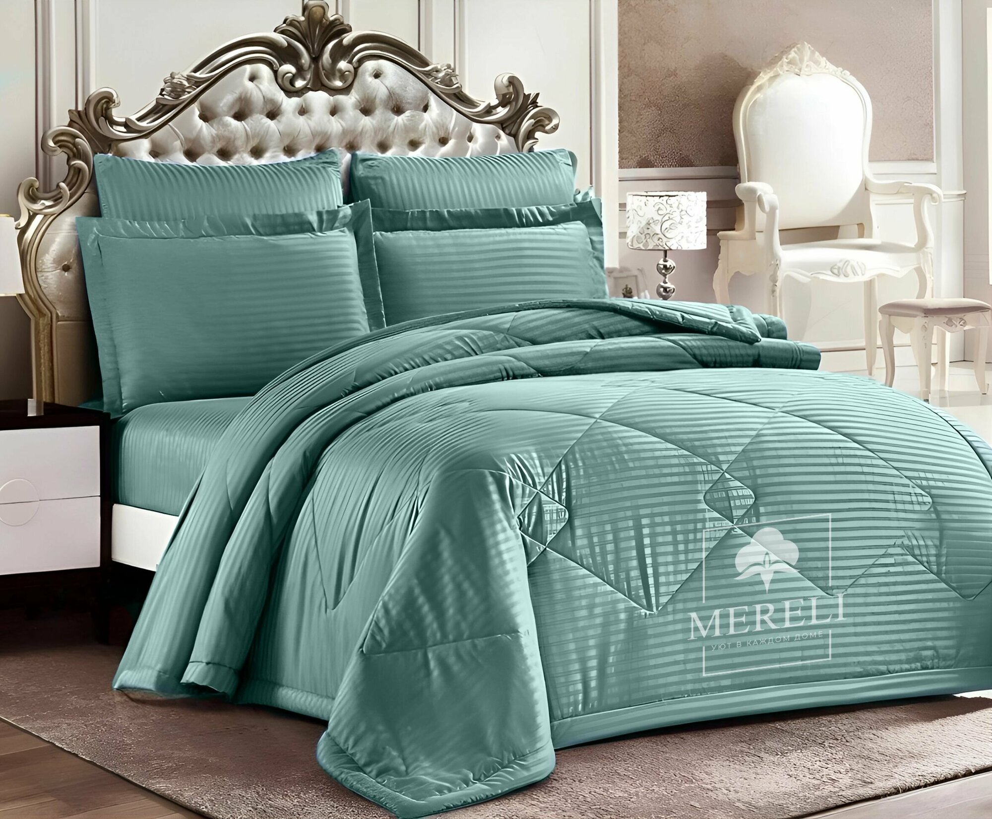 Комплект постельного белья с одеялом EFOR Страйп сатин Евро наволочки 50x70 70x70 (серый)
