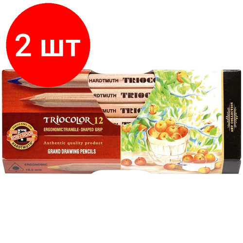 карандаши цветные 12цв 3 гран koh i noor triocolor 3132 12 1 шт Комплект 2 шт, Карандаши цветные Koh-I-Noor Jumbo Triocolor 3151, 12цв, трехгран, утолщен, неокр. корпус, картон