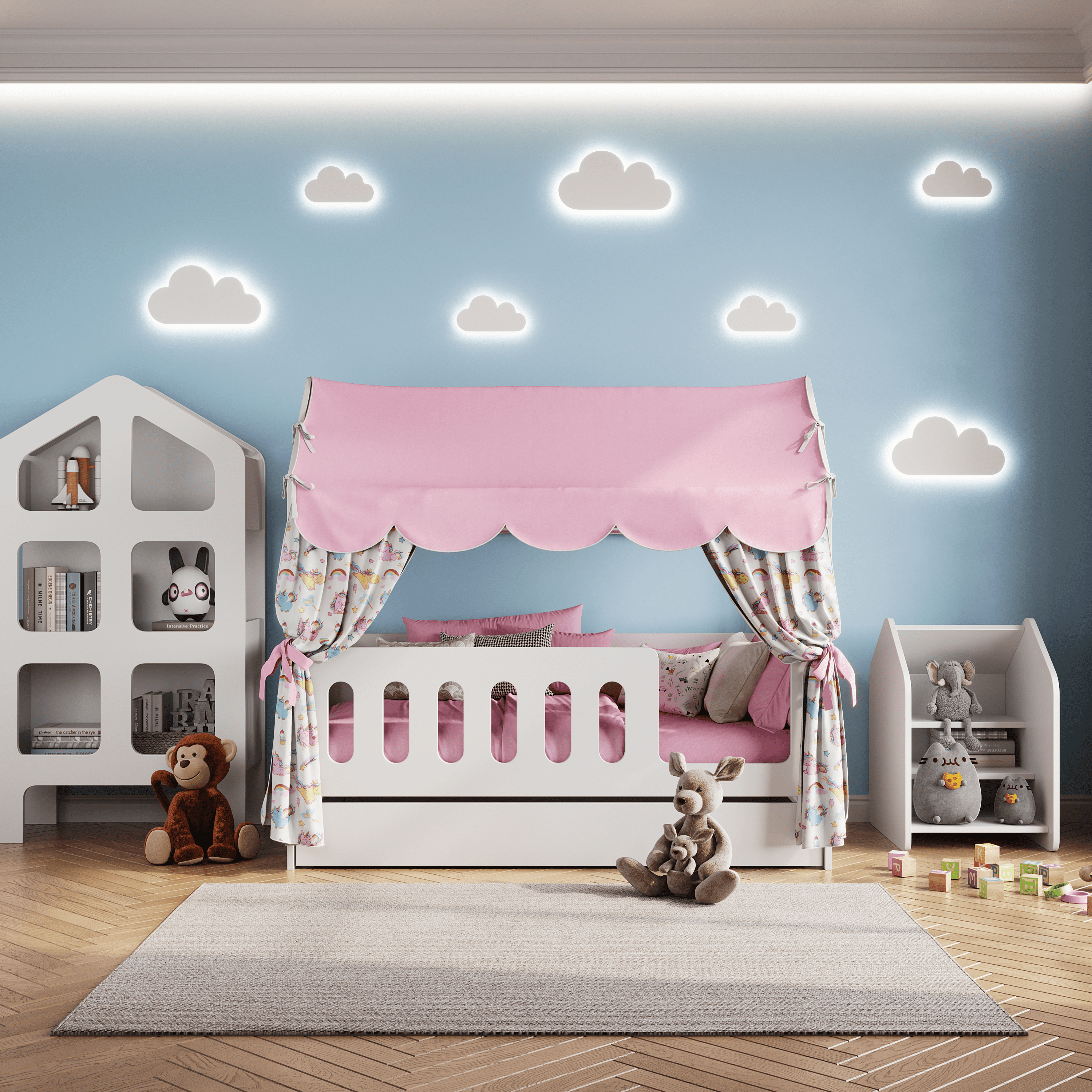 Кровать детская домик с текстилем и ящиком (розовый, с единорогами, вход справа) "Классик"