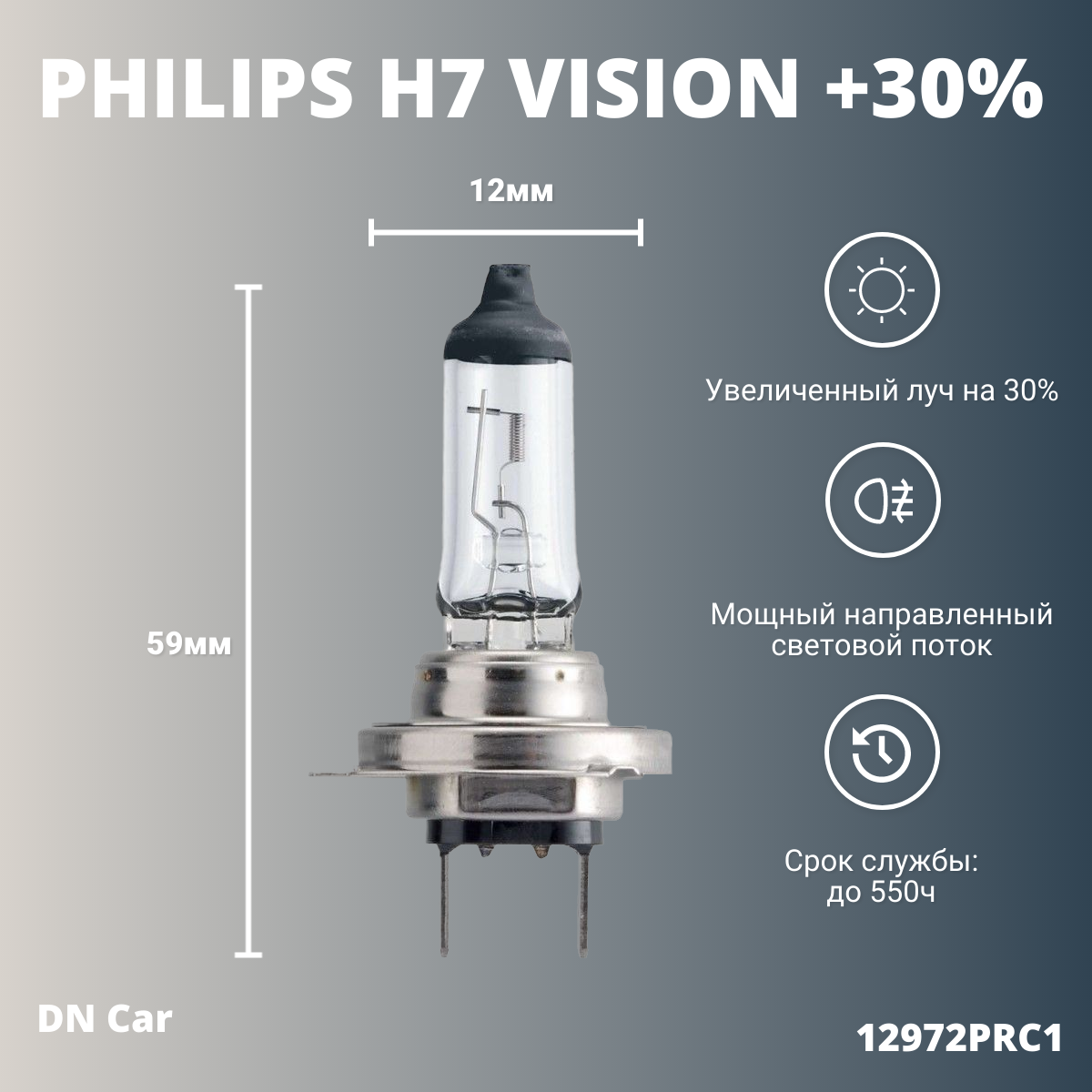 Лампа автомобильная галогенная H7 PHILIPS Vision +30% 12V 55W 12972PRC1