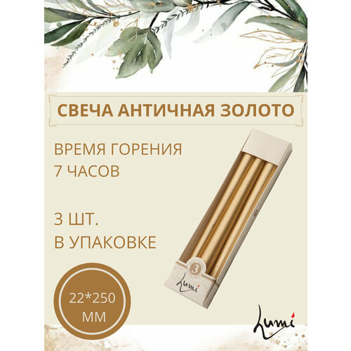Свеча Античная Lumi 22х250 мм, цвет: золото, набор из 3 шт.
