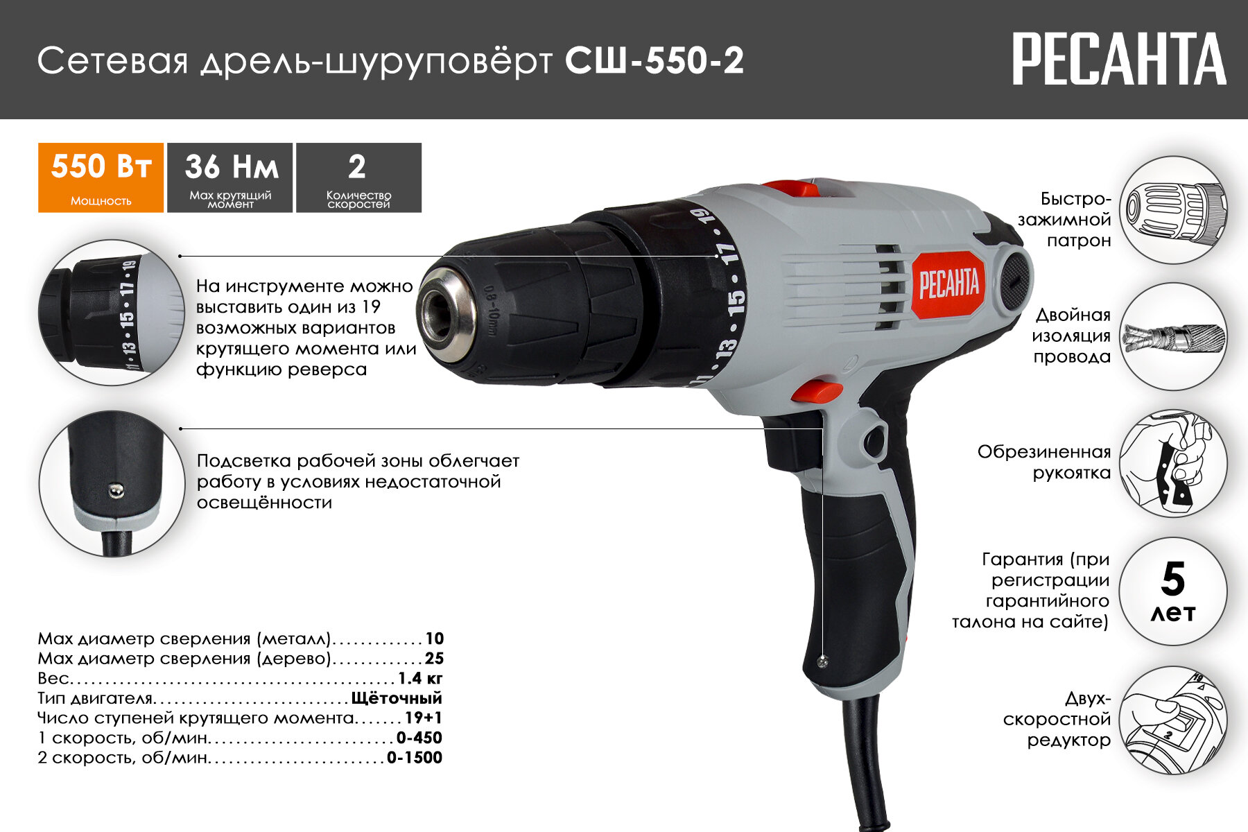 Сетевой шуруповерт СШ-550-2 Ресанта