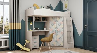 Кровать-чердак Астрид-мебель "Каприз-1" Елочки, с угловым шкафом, столом и выкатной тумбой, сп. место: 80*180см Анкор