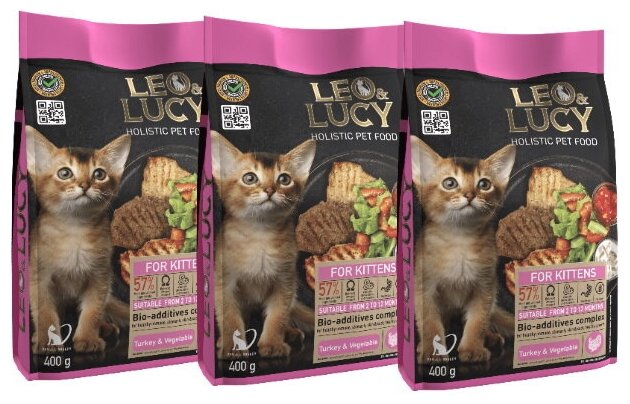 LEO&LUCY Сухой корм для котят Holistic индейка с овощами, биодобавки, 400гр * 3шт - фотография № 1