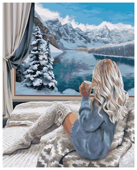 Алмазная мозаика 40x50 см. на холсте с подрамником (картина стразами алмазная вышивка) Девушка в синем свитере смотрит в зимнее окно 40x50 см.