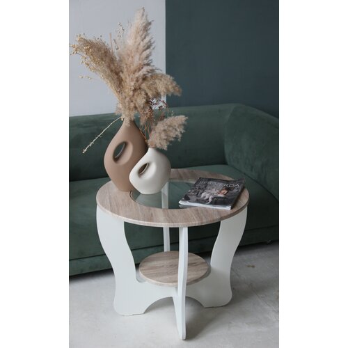 Стол журнальный круглый со стеклом, дуб сонома/белый, 65*55